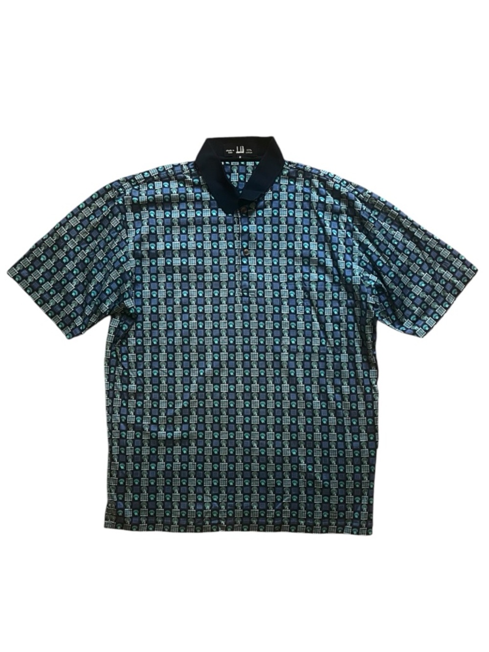Dunhill Blue Shell Patterned Polo Shirt with Black Collar Made in ITALY